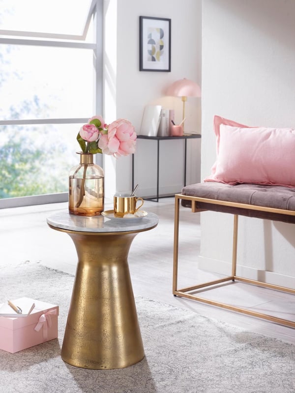 Rootz sidebord ægte marmor hvid 35x35x45 cm sidebord metal guld - Rundt lille sofabord - Stuebord Sofa Moderne - Sofabord højt