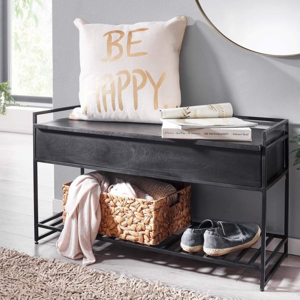 Rootz bænk med opbevaringsplads 90x52x38 cm mango massivt træ - metal korridor bænk sort - Sko bænk med sæde Lille - Smal garderobe bænk med sko rack