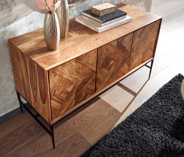Rootz skænk 123x70x45 cm massivt sheesham træ - metal skænk med låger - Industriel kommode kommode træ moderne - Stå skab stue