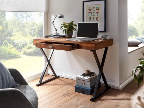 Rootz työpöytä 120x55x78 cm massiivi sheesham puuta - metalli musta - Design-toimistopöytä laatikolla - HomeOffice kannettavan pöytä tietokonepöytä sä