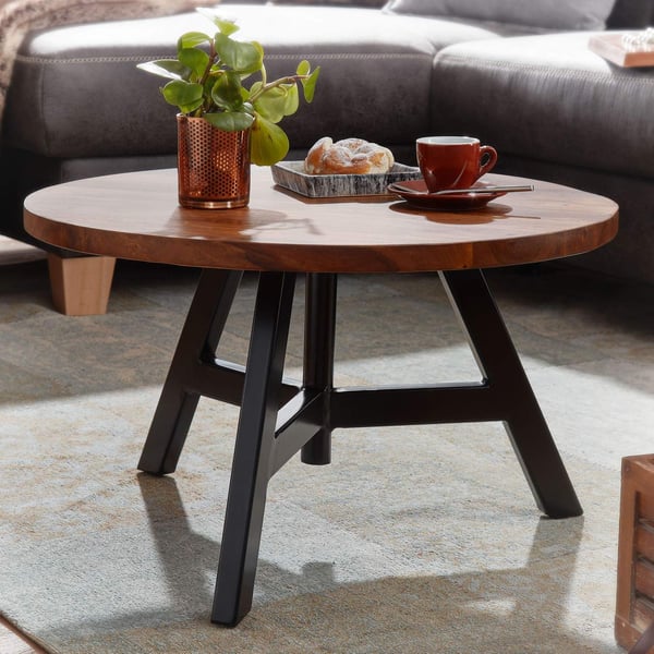 Rootz sofabord 60x60x35 cm massivt sheesham træ - metal sofabord rundt - Design stuebord sofabord massivt - Lille bord sidebord stue moderne