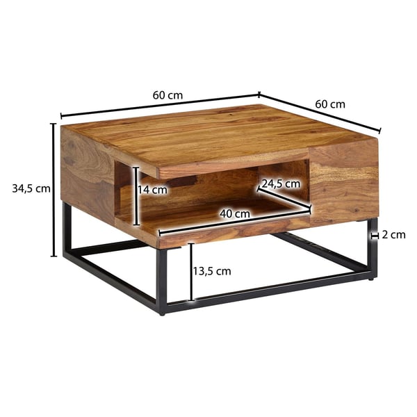 Rootz-sohvapöytä 60x60x34,5 cm Sheesham massiivipuu - metallinen kulmasohvapöytä - Olohuoneen pöytä säilytystilalla - Massiivinen sohvapöytä - Pieni p