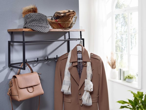 Rootz design væggarderobe mango massivt træ metal 71x29x20 cm - Knagestang med hylde og bøjlestang - Entre garderobe garderobeskab væg træ