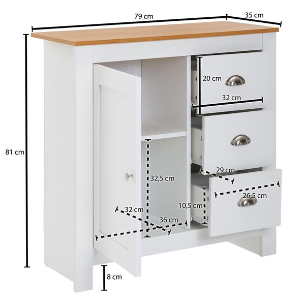 Rootz skænk med 3 skuffer 79x81x35 cm kommode hvid - eg moderne - Design høj skænk med låge - Kommode stue