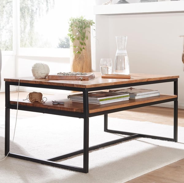 Rootz sofabord 100x60x45 cm massivt træ metal sofabord stuebord akacie - Industrielt værelsesbord med opbevaringsplads - Træbord, sofabord, massivt