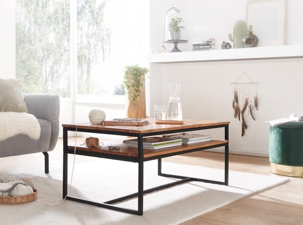 Rootz sofabord 100x60x45 cm massivt træ metal sofabord stuebord akacie - Industrielt værelsesbord med opbevaringsplads - Træbord, sofabord, massivt