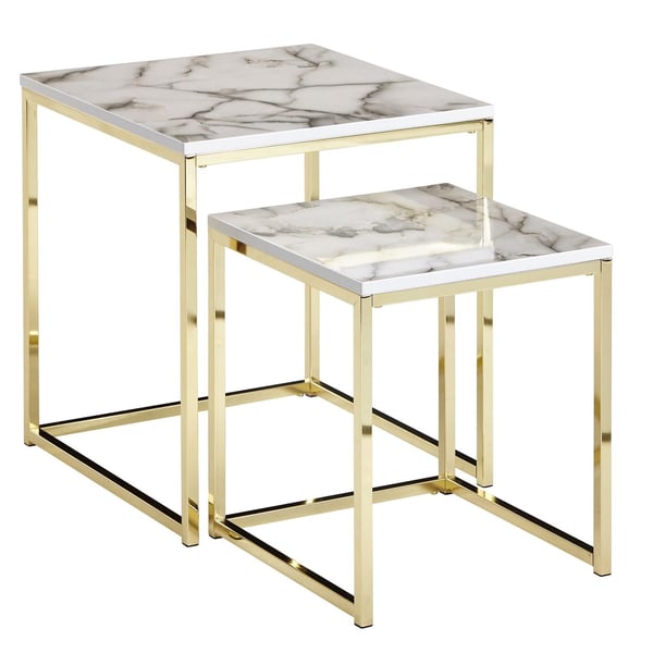 Rootz Design Side Sæt med 2 Hvid Marmor Optik Kantet - Sofabord 2-delt bordstel metal guld - Små stueborde - Moderne firkantede indskudsborde