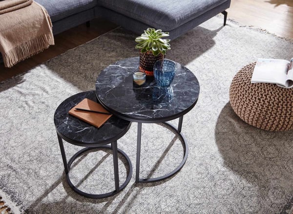 Rootz design sivupöytäsetti 2 mustaa marmoria look pyöreä - Sohvapöytä 2-osainen metallirunko - Pienet olohuoneen pöydät - Modernit sisäkkäiset pöydät