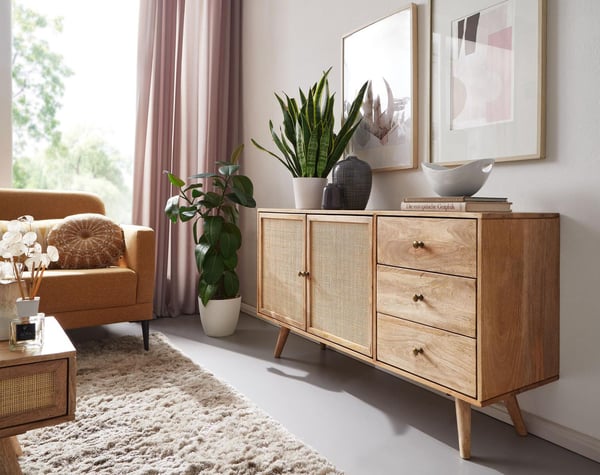 Rootz design skænk 140x75x40 cm massivt mangotræ - 3-skuffers kommode - Høj kommode af massivt træ - Stående skab stue - 2 dørrum