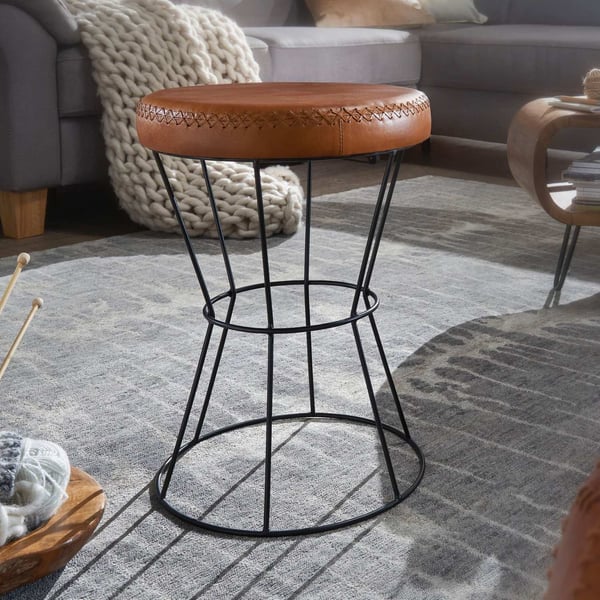 Rootz skammel ægte læder - metal 35 x 48 x 35 cm design skammel rund - Dekorativ skammel med læderbetræk Moderne læder skammel betrukket med brunt