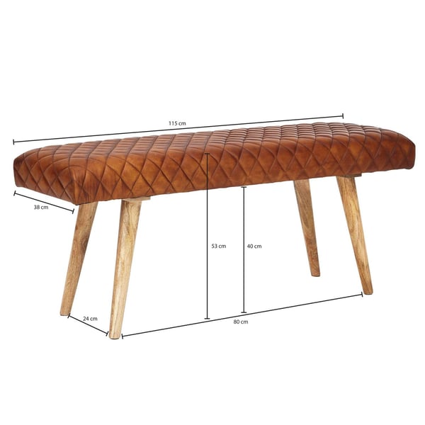 Rootz bænk ægte læder - massiv træ bænk 115x53x38 cm - 2 personers polstret bænk hall spisestue brun - Lille læder sengebænk Hall møbel hall bænk