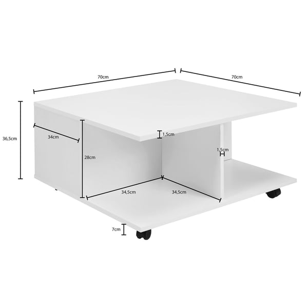 Rootz design sofabord 70x70 cm hvid - Stuebord med 2 skuffer - Sofabord med hjul - Bord med 2 rum