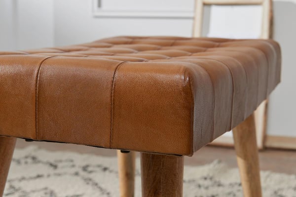 Rootz skammel 67x47x39 cm mango massivt træ - ægte læder Chesterfield design - Læder skammel brun - Side skammel uden ryglæn Country fodskammel