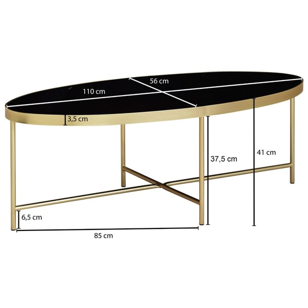 Rootz design -sohvapöytä lasi musta - soikea 110 x 56 cm kultametallilla - Iso olohuoneen pöytä Lounge pöytä lasipöytä