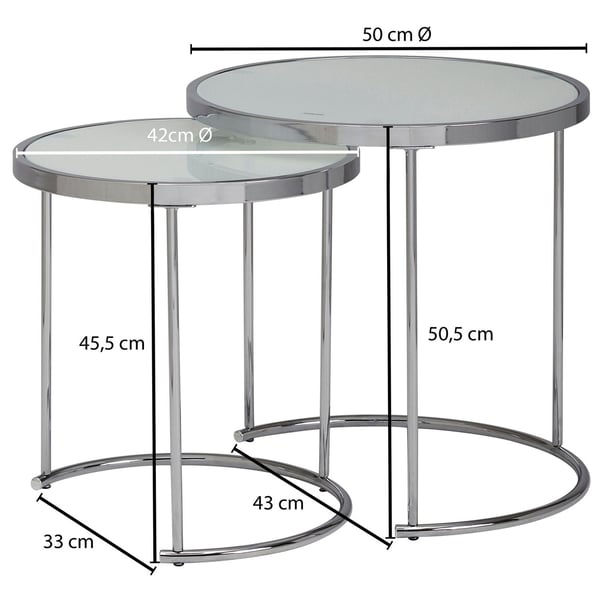 Rootz design sidebord rundt Ø 50-42 cm - 2 stk hvid sølv med glasplade - Stuebord sæt af 2 - Nesting bord mælkeglas - sofabord