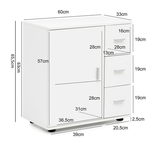 Rootz skab Hvid 60x65,5x33 cm Midi skab med låge & skuffer - Lille sideskab Mat - Badeværelseshylde Smal Fritstående Badeværelseskommode - Badeværelse