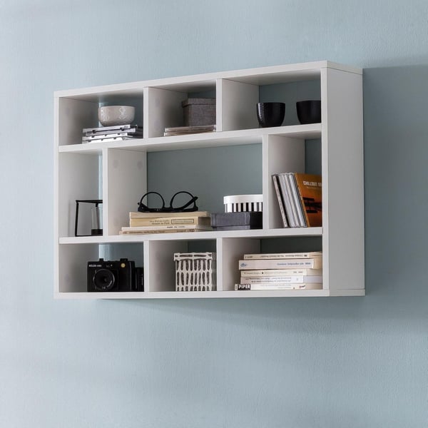 Rootz væghylde hvid 75x51x16 cm hængehylde i træ moderne - Design vægplade frit svævende - Træhylde til væggen - Reol Smal - Dekorativ hylde svævende
