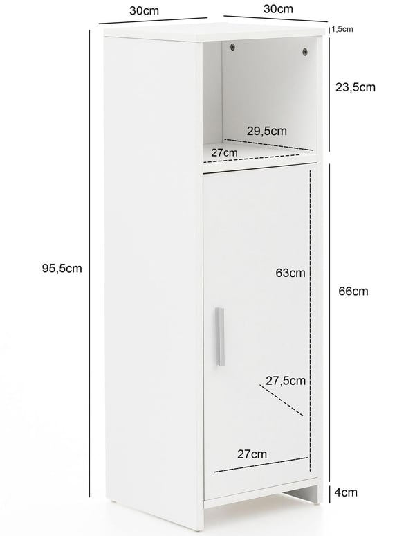 Rootz skab 30 x 95,5 x 30 cm hvidt træ med dør og opbevaringsrum Lille badeværelsesskab sideskab stående - Badeværelseshylde smal fritstående badevære