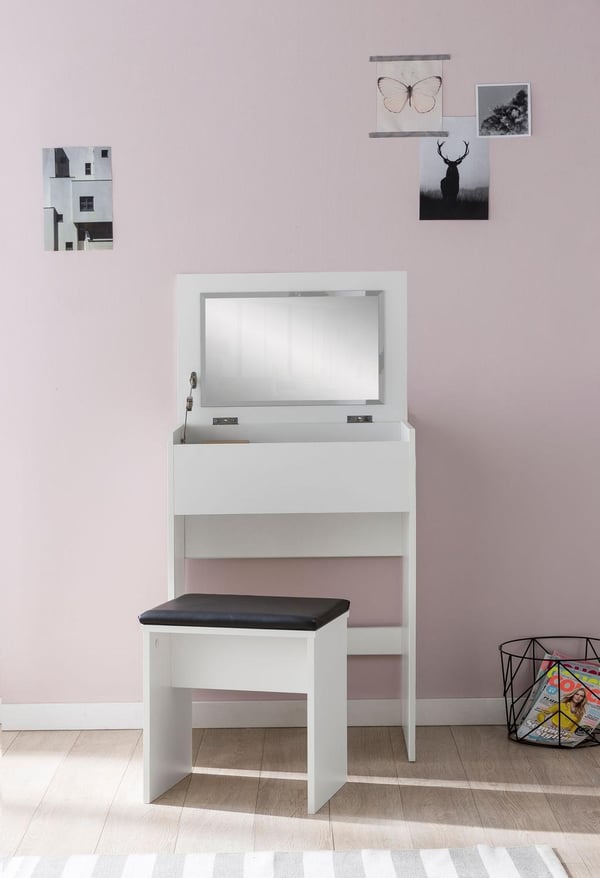 Rootz Toiletbord 60x81x40 cm Hvidt Konsolbord Træ Moderne - Kosmetikbord med skammel og spejl - Hvidt toiletbord med klaprum - Moderne make-up bord pi