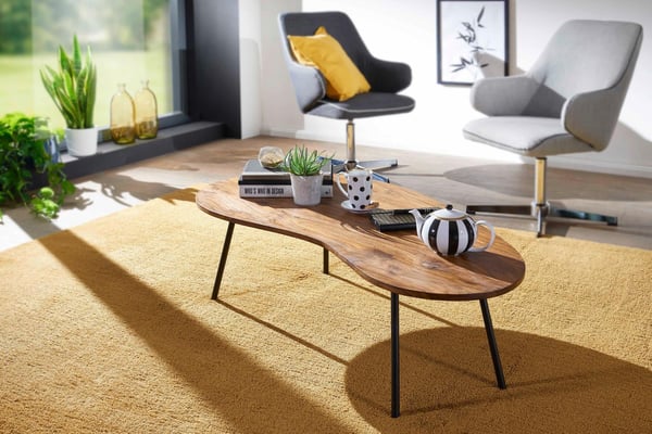 Rootz Design sohvapöytä 122x36x63 cm Sheesham metallijaloilla Musta - Munuaispöytä Massiivipuu Harmaa - Puiset pöydän jalat Metalli - Viileä massiivip