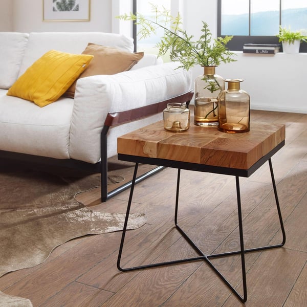Rootz sidebord 45 x 45 x 51 cm Akacie massivt træ med metalstel - Industribord Firkantet massivt træbord Brun - Stuebord Moderne træbord med metalben