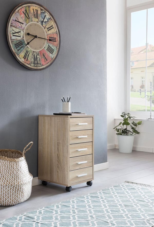 Rootz rullebeholder Sonoma 33 x 63 x 38 cm træskuffeskabsbord - Kontorskab med 5 skuffer - Beholderrulleskab lille Stand Beholder smal - Skrivebordsbe