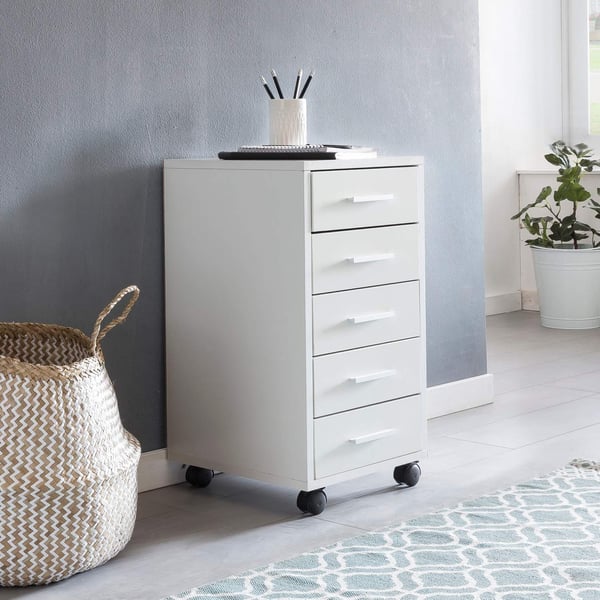 Rootz rullebeholder hvid 33 x 63 x 38 cm træskuffeskabsbord - Kontorskab med 5 skuffer - Beholderrulleskab lille Stand Beholder smal - Skrivebordsbeho