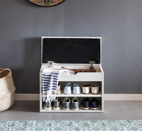 Rootz bænk med sæde hvid Hylde bænk træ 60 x 40 x 30 cm - Træ bænk lille polstret - Sko bænk smal bænk gang med opbevaringsplads - Bryst bænk sko kist