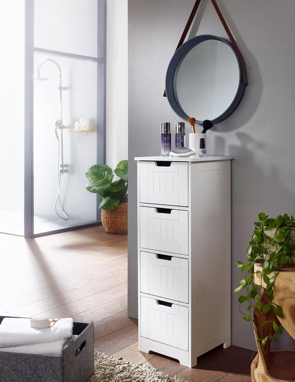Rootz Design badeværelsesskab i landlig stil MDF træ 30 x 83 x 30 cm hvid - Badeværelsesskab lille 4 skuffer - Sideskab Multifunktionsskab