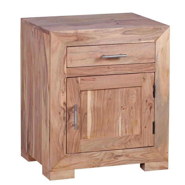 Rootz sengebord massivt træ akacie design sengebord 60 cm med skuffe og dør sengebord til boxmadrasser