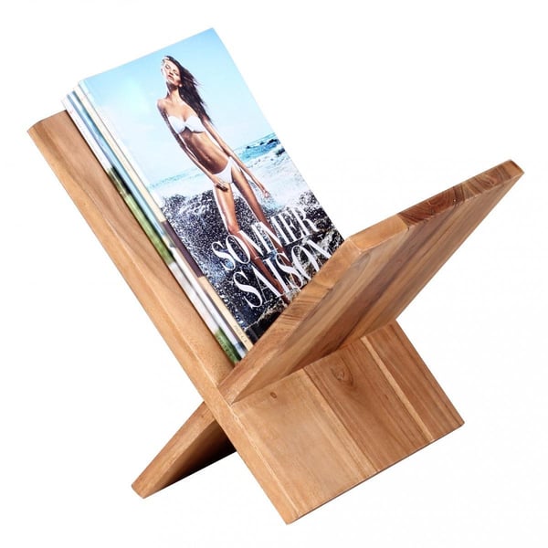 Rootz magasinstativ massivt træ akacie X-form 31 cm magasinstativ design prospektholder landstedsstil