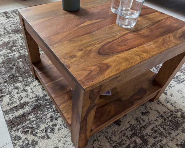 Rootz sofabord massivt træ Sheesham 60 x 60 cm stuebord design mørkebrunt sidebord i landstil