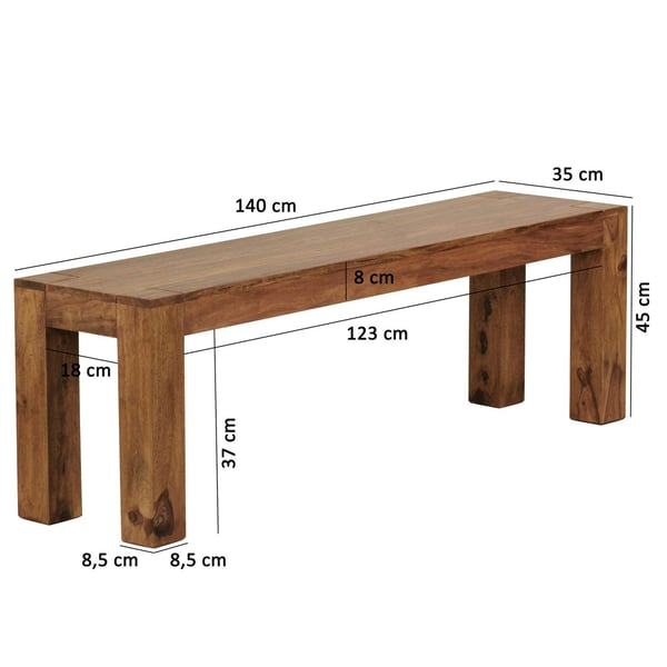 Rootz spisestuebænk massivt træ Sheesham 140 x 45 x 35 cm træbænk naturprodukt Køkkenbænk i landlig stil