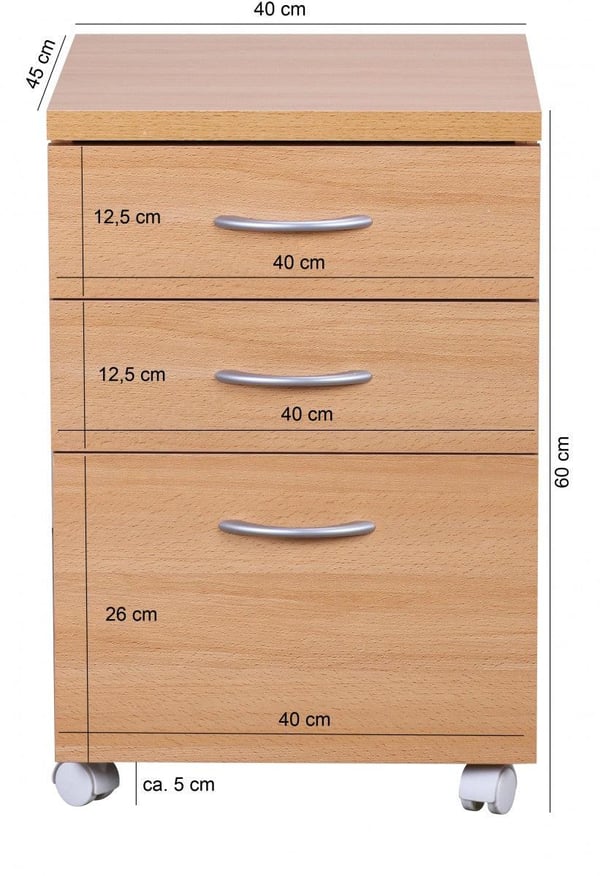 Rootz container 40 x 60 x 45 cm underskab med hjul bøg - vogn med skuffer - roll-up skab kontor - Kosmetikvogn Make Up trolley - Container under skriv