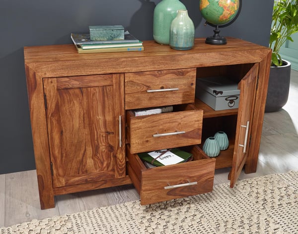 Rootz skænk massivt træ sheesham kommode 118 cm 3 skuffer 2 låger design highboard landstedsstil brun natur