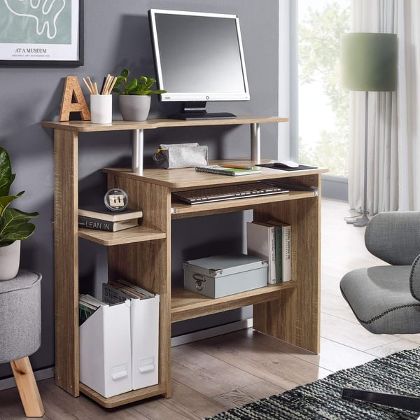 Rootz computerbord Sonoma Oak 94 x 90 x 48 cm med tastaturudvidelse - Laptopbord uden hjul med fastgørelse - PC-bord med printeropbevaringspladsbespar