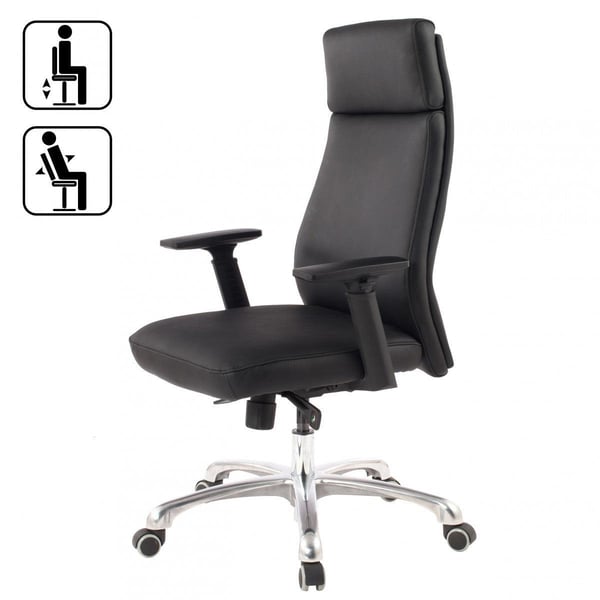 Rootz kontorstol ægte læder sort ergonomisk med nakkestøtte - Design Executive stol Ergonomisk skrivebord med vippefunktion - Drejestol med armlæn X-X