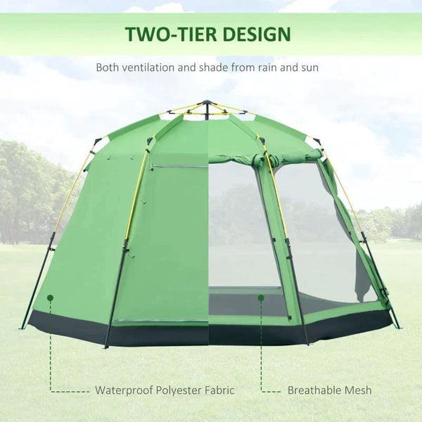Rootz Telt - 6 Person Telt - Pop Up Camping Telt - Camping Telt - 2-lags Design Backpacking Telt - Med 4 Vinduer 2 Døre - Grøn - 320 x 320 x 180 cm