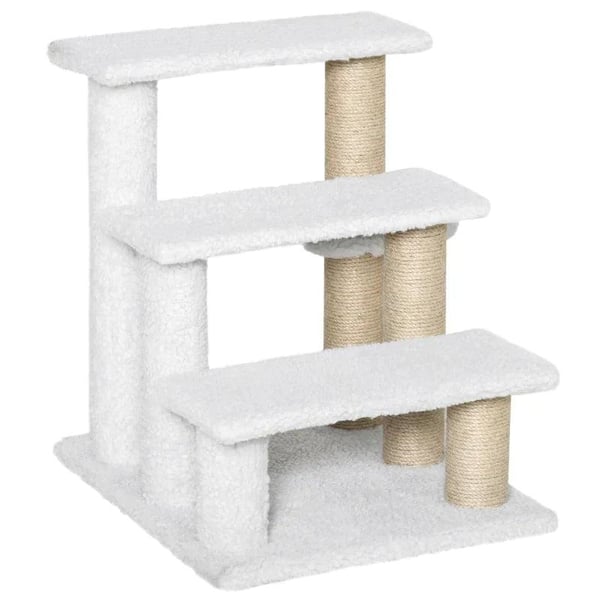 Rootz Pet Trappe - Kradsestolpe - Trapper - Kattetrappe - Hundetrappe - Dyretrapper - Spånplade/Jute/Plysj - Hvid - 45 x 40 x 48 cm