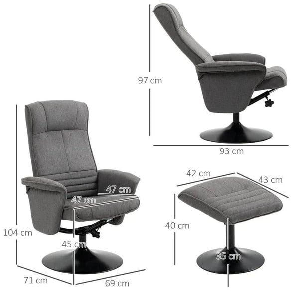 Rootz Lænestol - Accent Stol - Hvilestol med fodskammel - Justerbart ryglæn til soveværelset - Skum - Mørkegrå - 69 x 71 x 104 cm