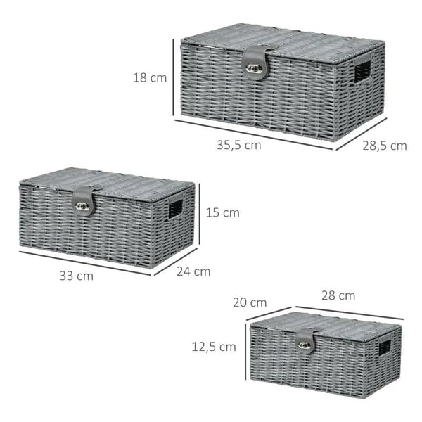 Rootz Opbevaringskurve - Sæt med 3 Opbevaringskurve - Lavet af PE rattan - Med lukning - Bærehåndtag - Grå - 35,5 cm x 28,5 cm x 18 cm