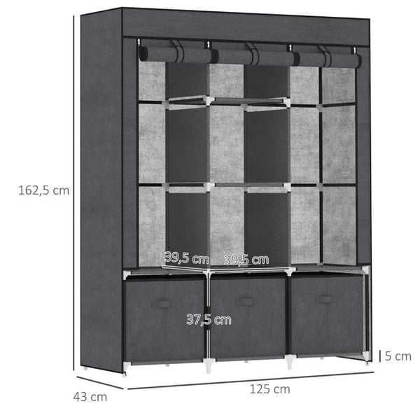 Rootz Stofgarderobe - Stofskab - Lavet af Fleece - Foldeskab - Inkl. 3 skuffer - Grå - 125 cm x 43 cm x 162,5 cm