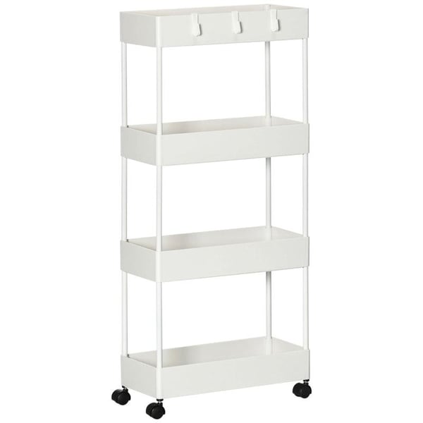 Rootz Køkkenvogn - Serveringsvogn - Køkkenvogn - Med 4 hylder - 3 fleksible kroge - 4 hjul - Hvid - 40cm x 19cm x 90cm