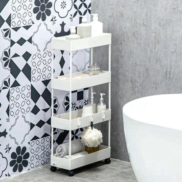 Rootz Køkkenvogn - Serveringsvogn - Køkkenvogn - Med 4 hylder - 3 fleksible kroge - 4 hjul - Hvid - 40cm x 19cm x 90cm
