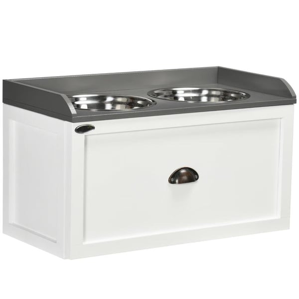 Rootz Foderstation - Praktisk foderstation - 2 foderskåle hver 2 liter - Rustfrit stål - Med skuffe - Til store hunde - Hvid/Grå - 60 x 30 x 36 cm