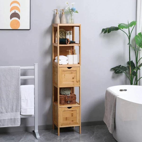 Rootz Badeværelsesskab - Bambus Badeværelsesskab - Badeværelseshylde - 3 hylder 2 skuffer - Bambus - Naturlig - 30cm x 30cm x 140cm