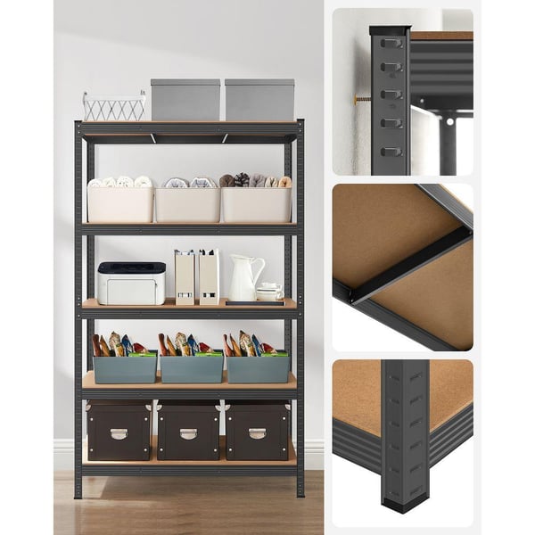 Rootz Opbevaringsstativ - Opbevaringshylder - Kraftige reoler - Opbevaringsstativ i 5 niveauer - Metalopbevaringshylder - Stål/MDF - Sort - 200 x 120