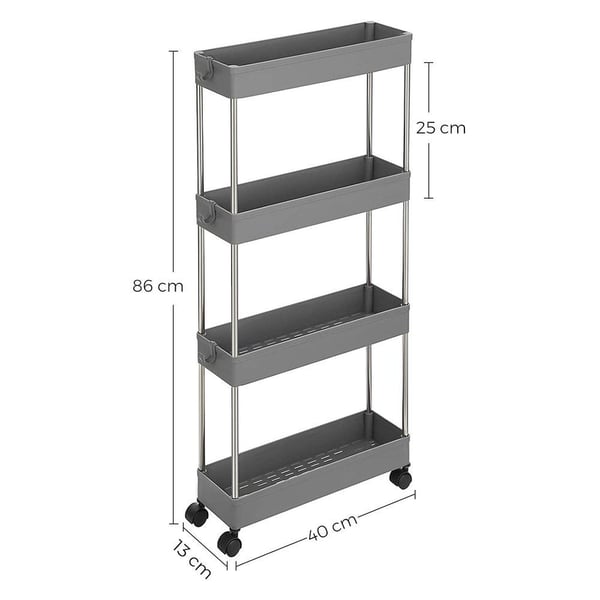 Rootz Køkkenvogn - Rullende reol - Serveringsvogn - 4 Etagers køkkenvogn - Vognstativ - Opbevaringsvognstativ - Mobilt Trolleystativ - Grå - 40 x 12,5
