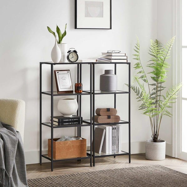 Rootz Ståhylde - Metalhylde - Fritstående reol - Med 4 hylder - Metal/Glas - Sort - 40 x 30 x 95 cm