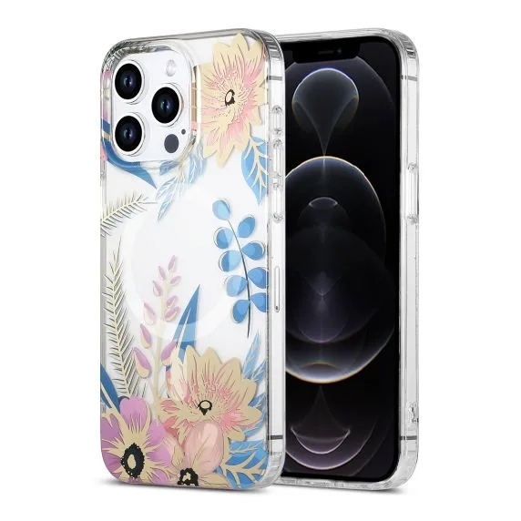 iPhone 12 Pro Max Mobilskal MagSafe - Blommor Rosa/Blå